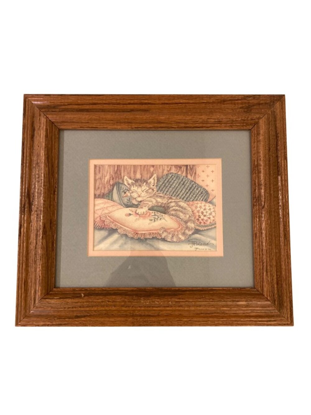 Vintage Grannycore Watercolor Painting Of A Sleeping Kitten Cat On Pillows